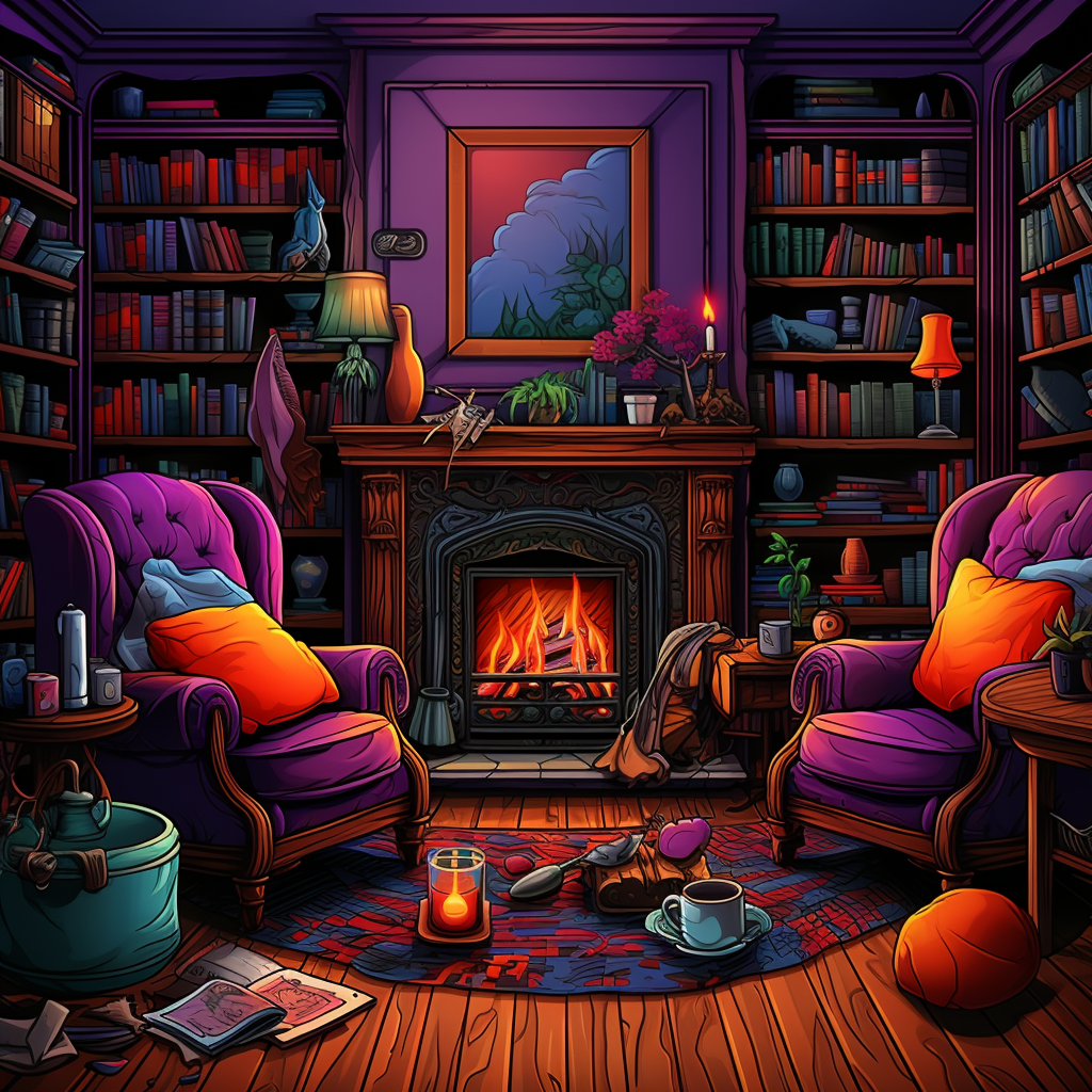 Cozy living room with fireplace, armchairs, and books.