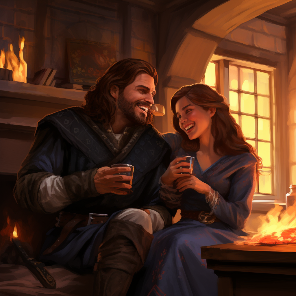 Two friends laughing by a fireplace