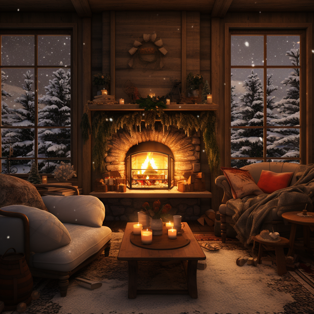 Cozy living room with fireplace and snow through the window