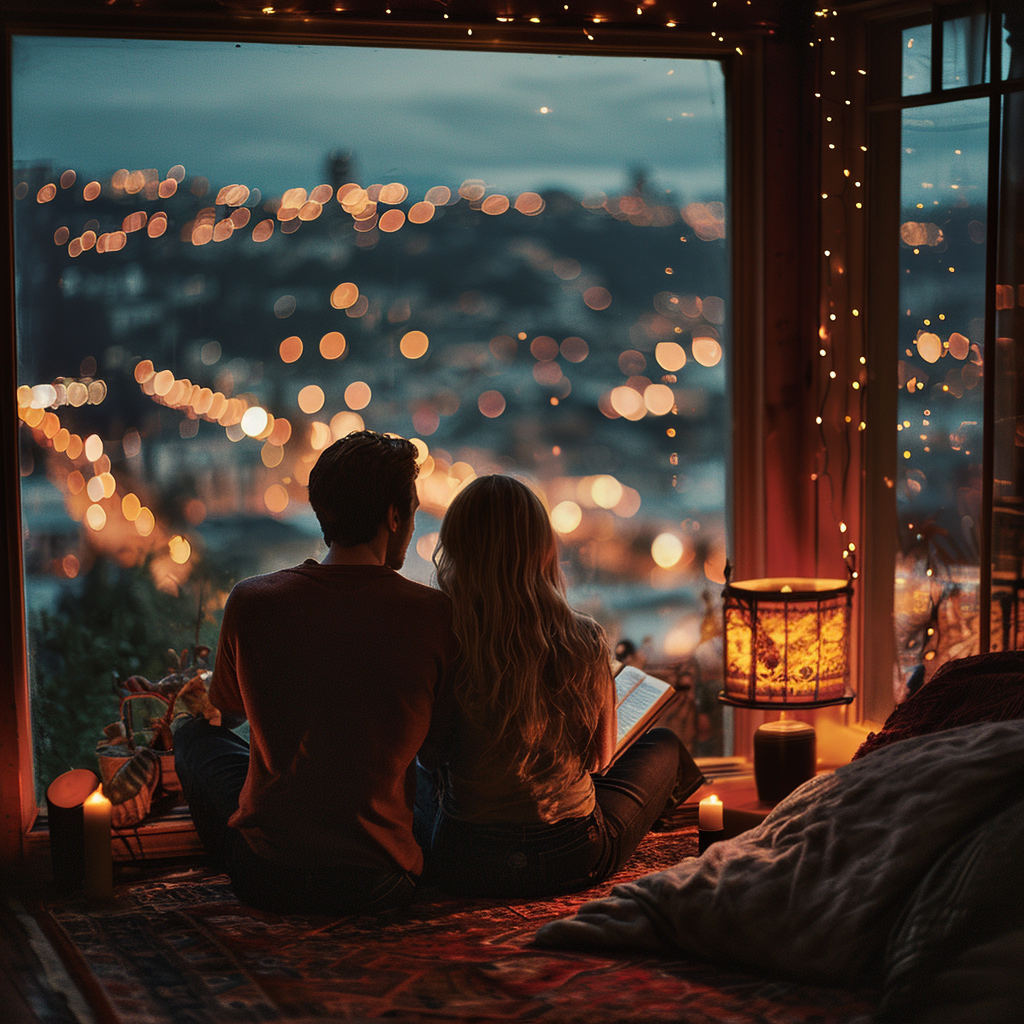 Young Couple Reading Bible in Cozy Living Room