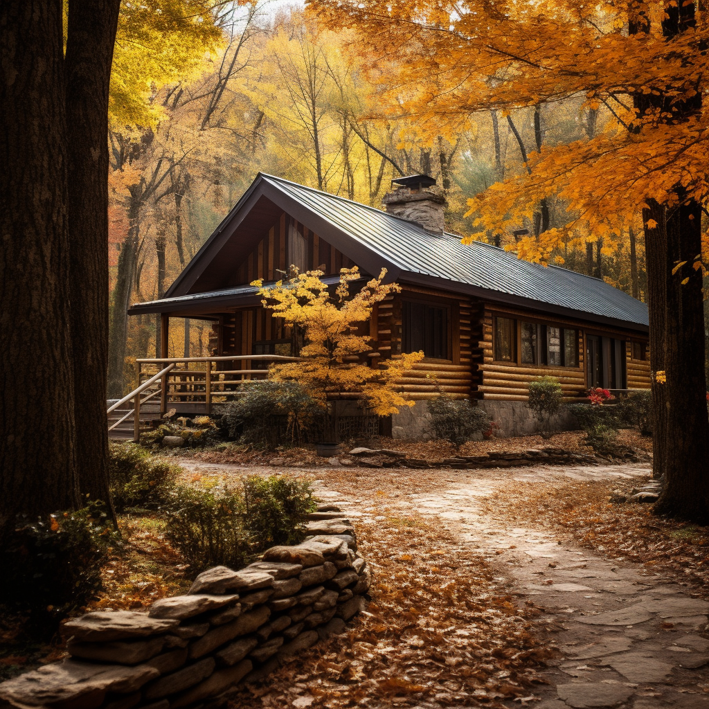 Cozy log cabin surrounded by autumn trees