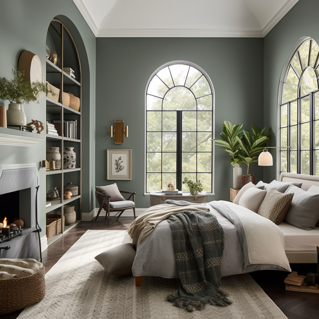 Cozy master bedroom with bookcases