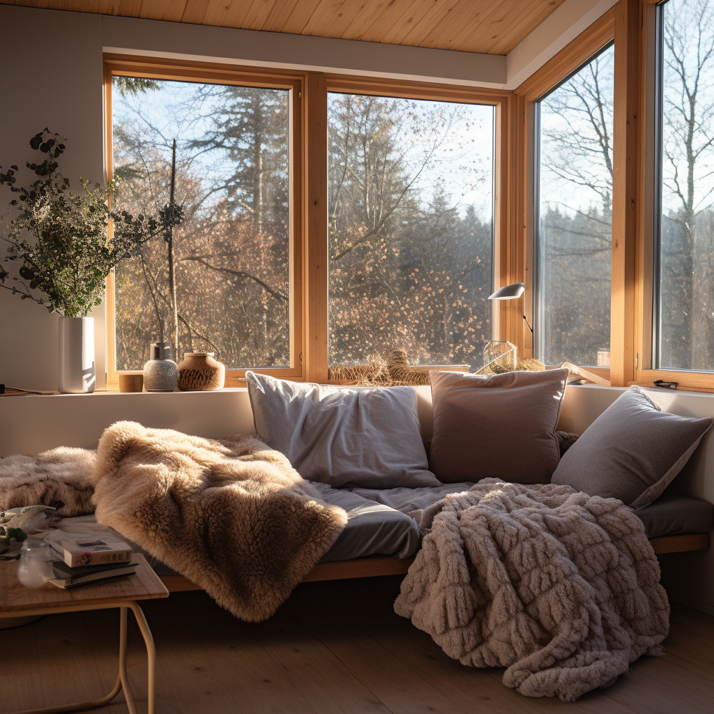 Cozy Scandinavian winter cottage interior with blankets and pillows