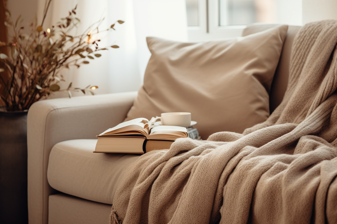 Cozy neutral blanket on beige couch