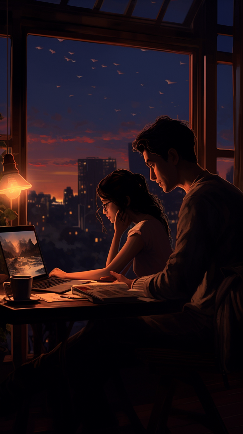 Couple silhouettes on video call at cozy night scene