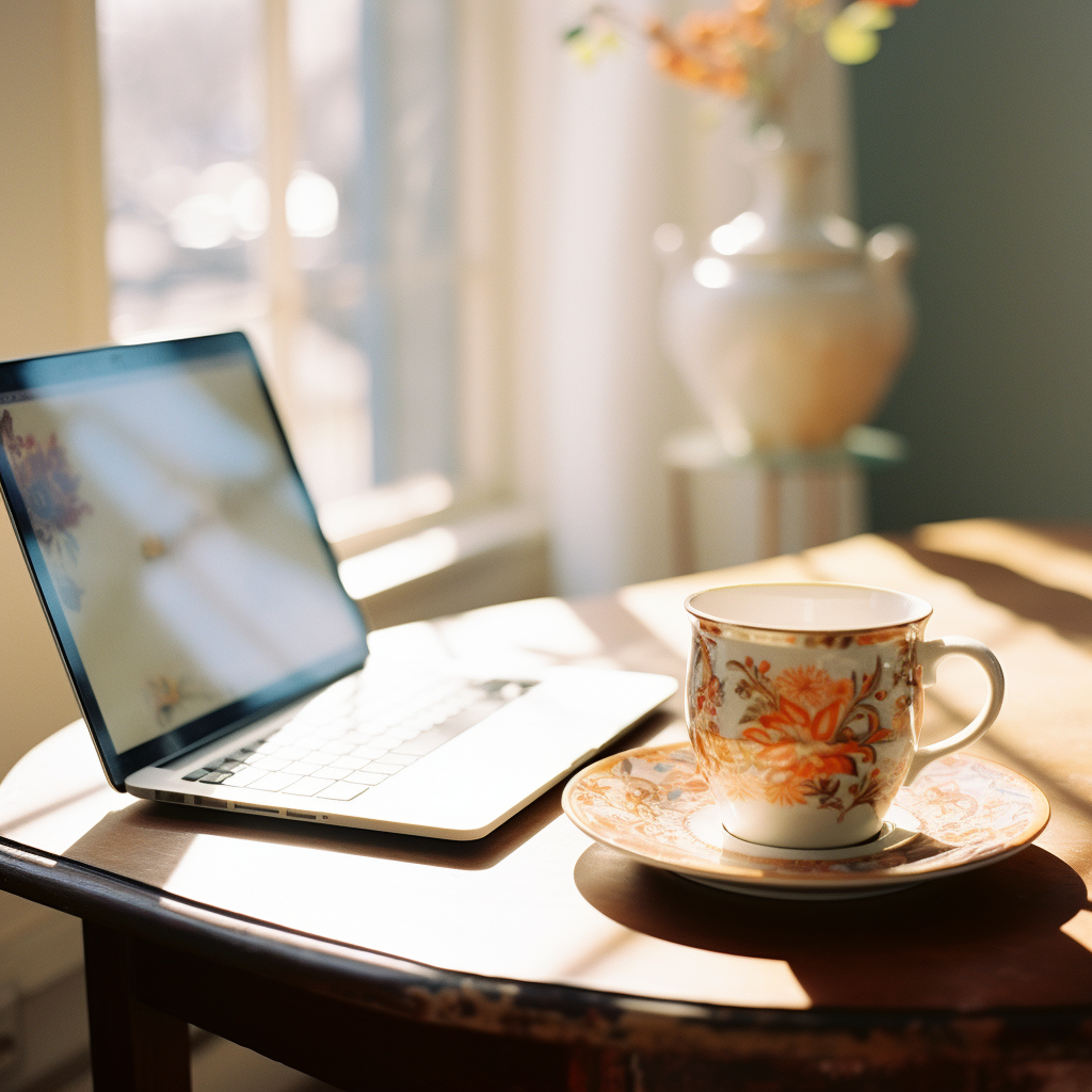 Cozy office with coffee and laptop