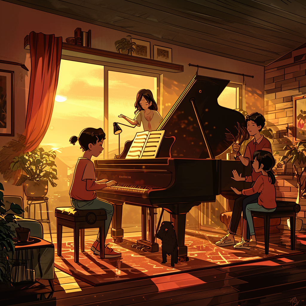 Kid playing piano with friends