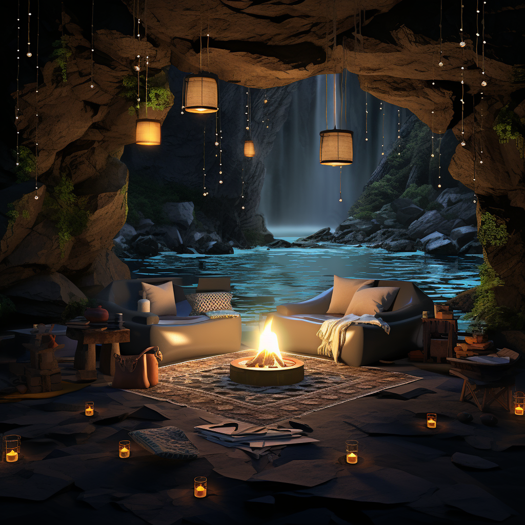 Cozy Rainstorm Cave with Bamboo Fire Lantern Holders