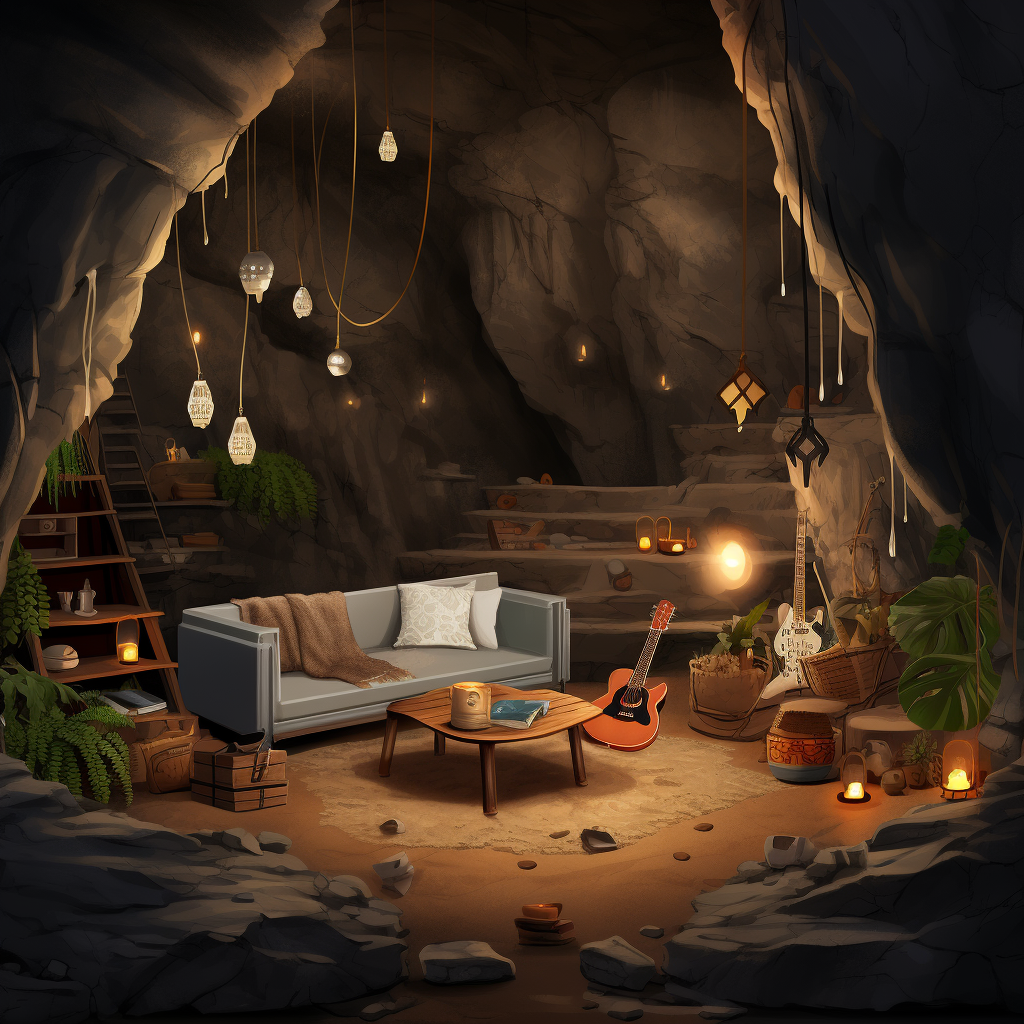 Cozy cave interior during a rainstorm