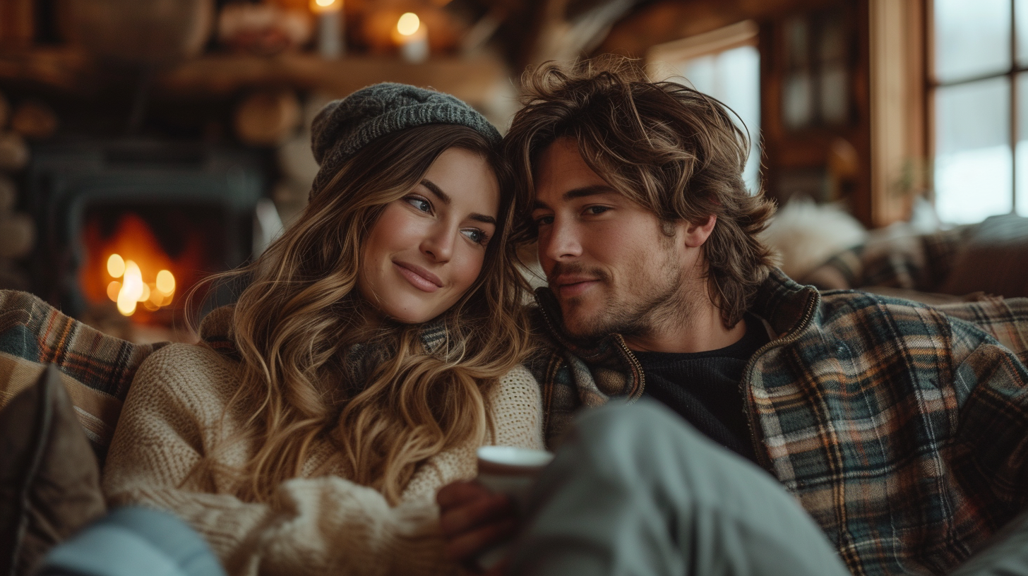 Cozy rustic cabin fireplace couple