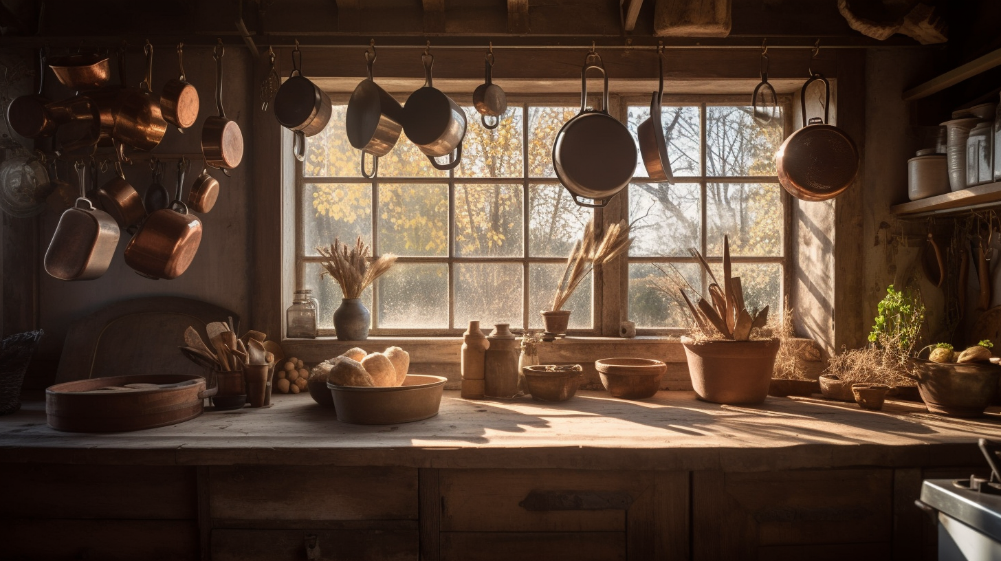 Cozy Rustic Kitchen with Vintage Copper Pots