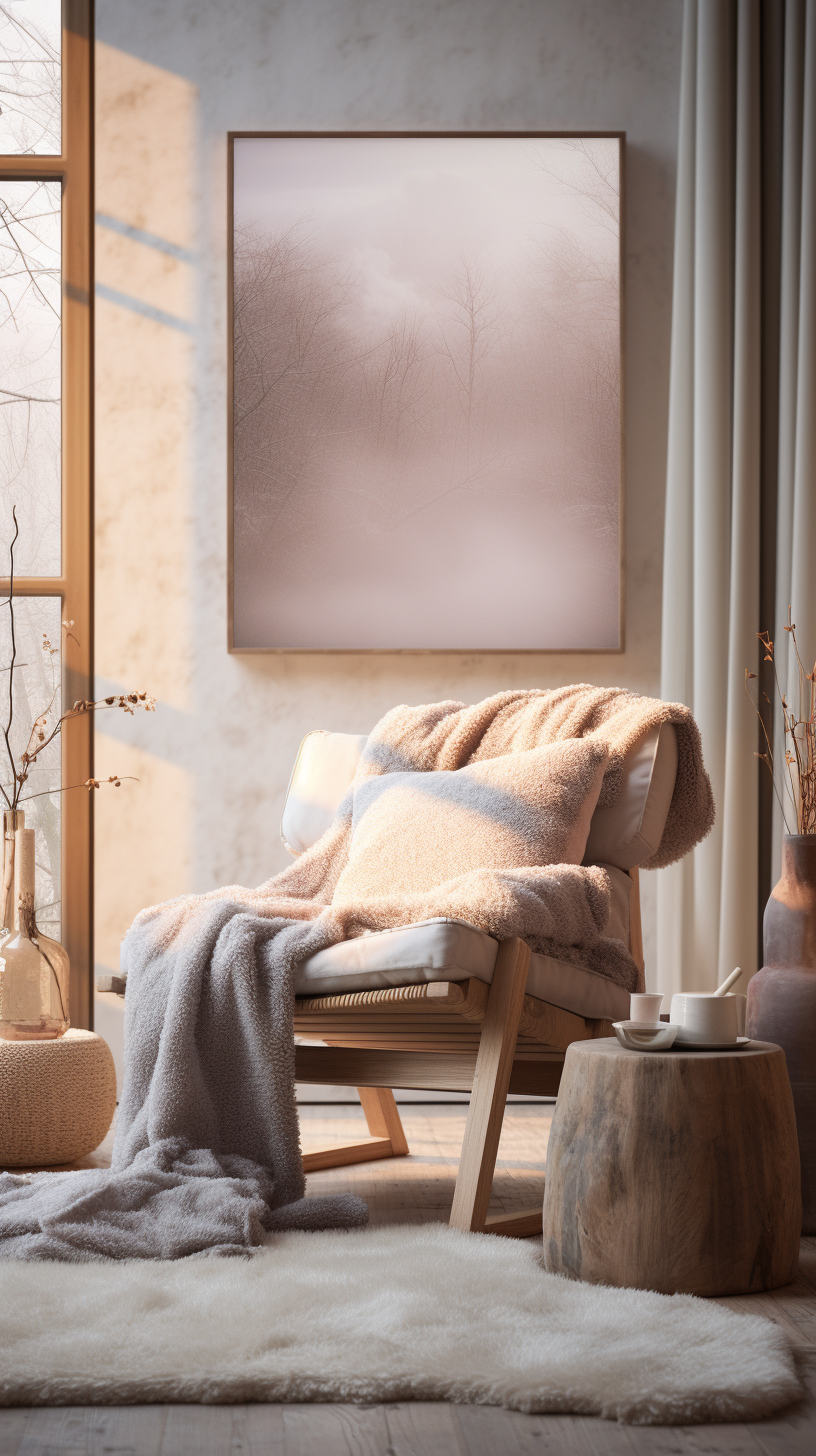 Cozy Scandinavian room with tapestry, chair, blankets, and light