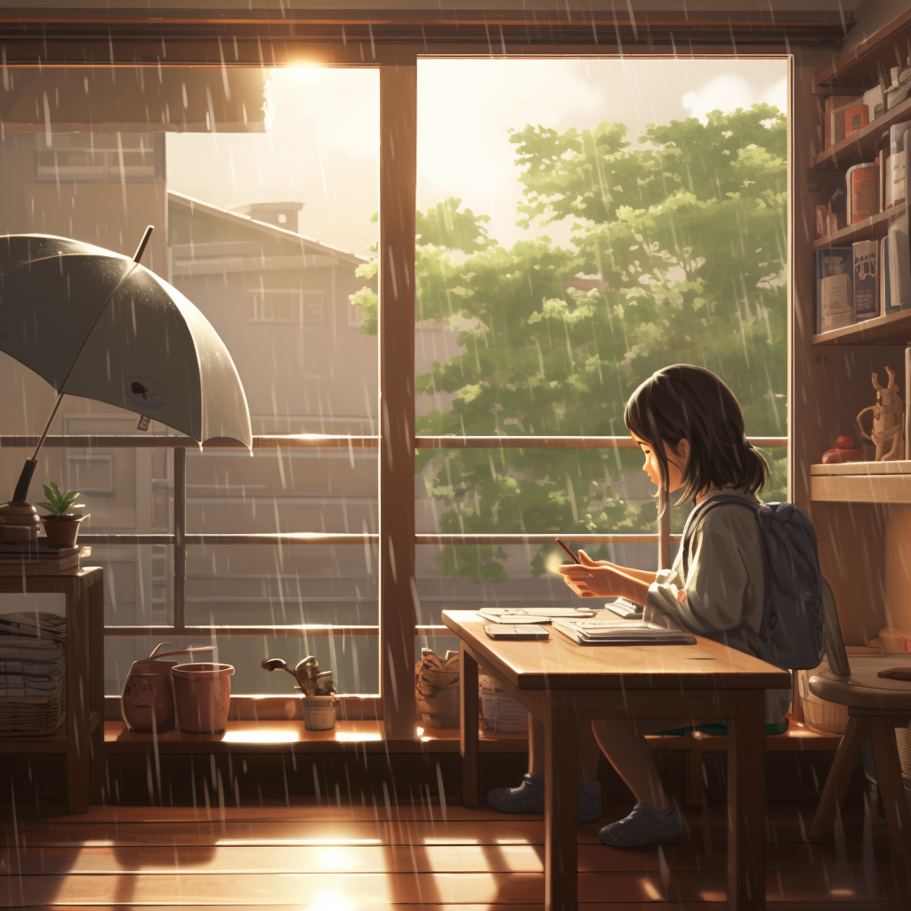 Cozy study room with rain and sunlight