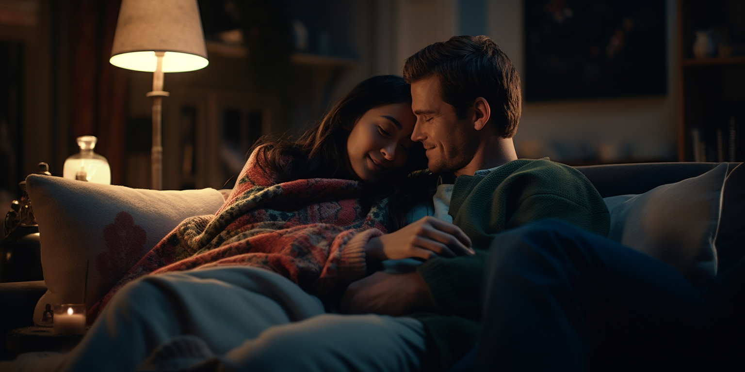 Couple snuggling on couch watching TV