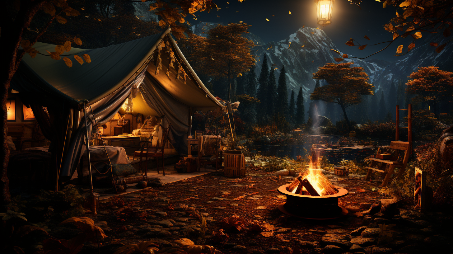 Cozy tent and campfire in night forest