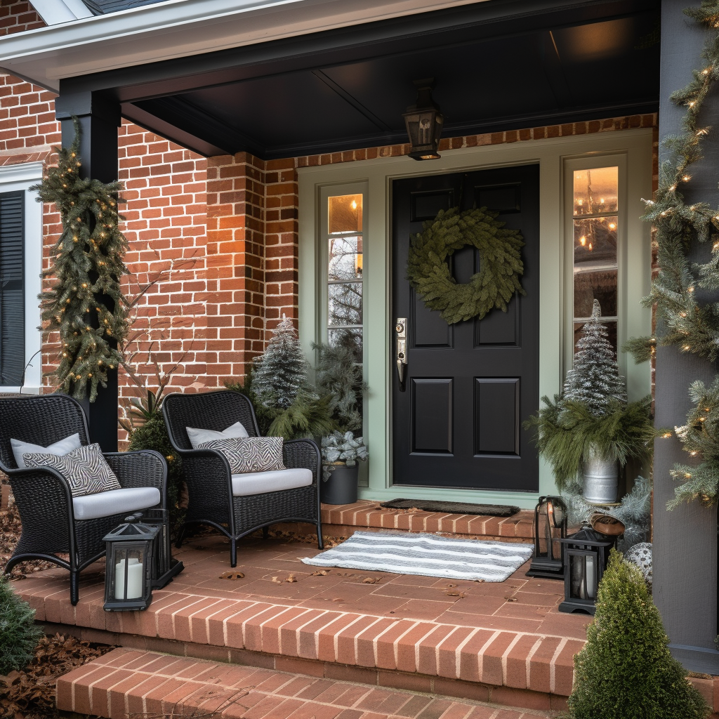 Cozy outdoor porch area with brick house