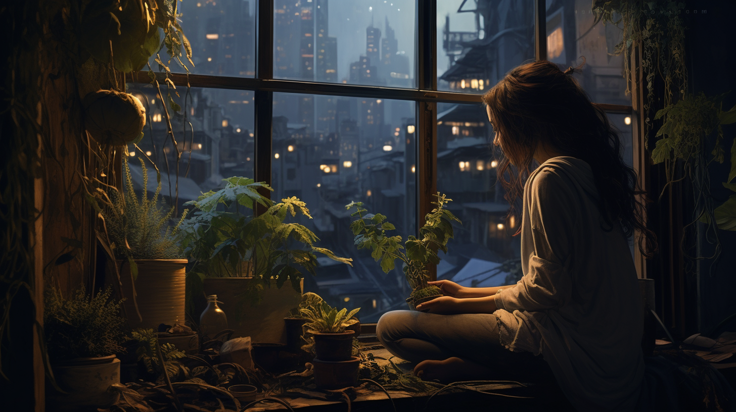 Woman tending to healthy plants in a cozy window