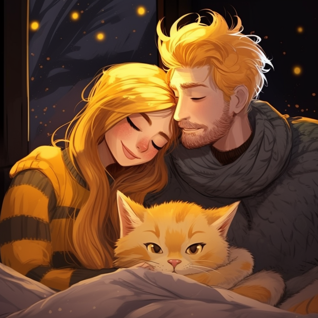 Adorable cat and people in cozy winter bed