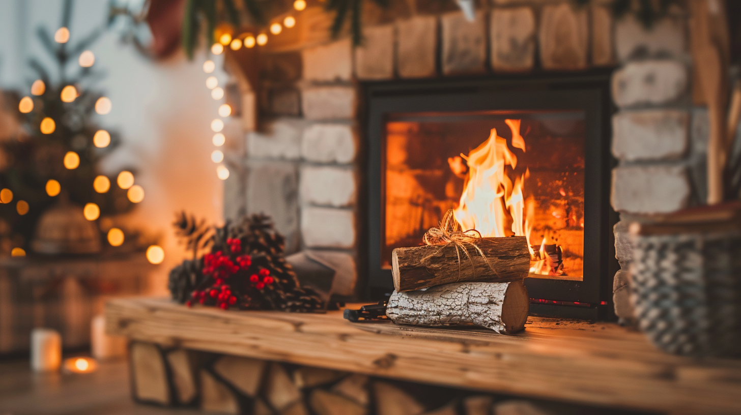 Cozy winter fireplace flames home