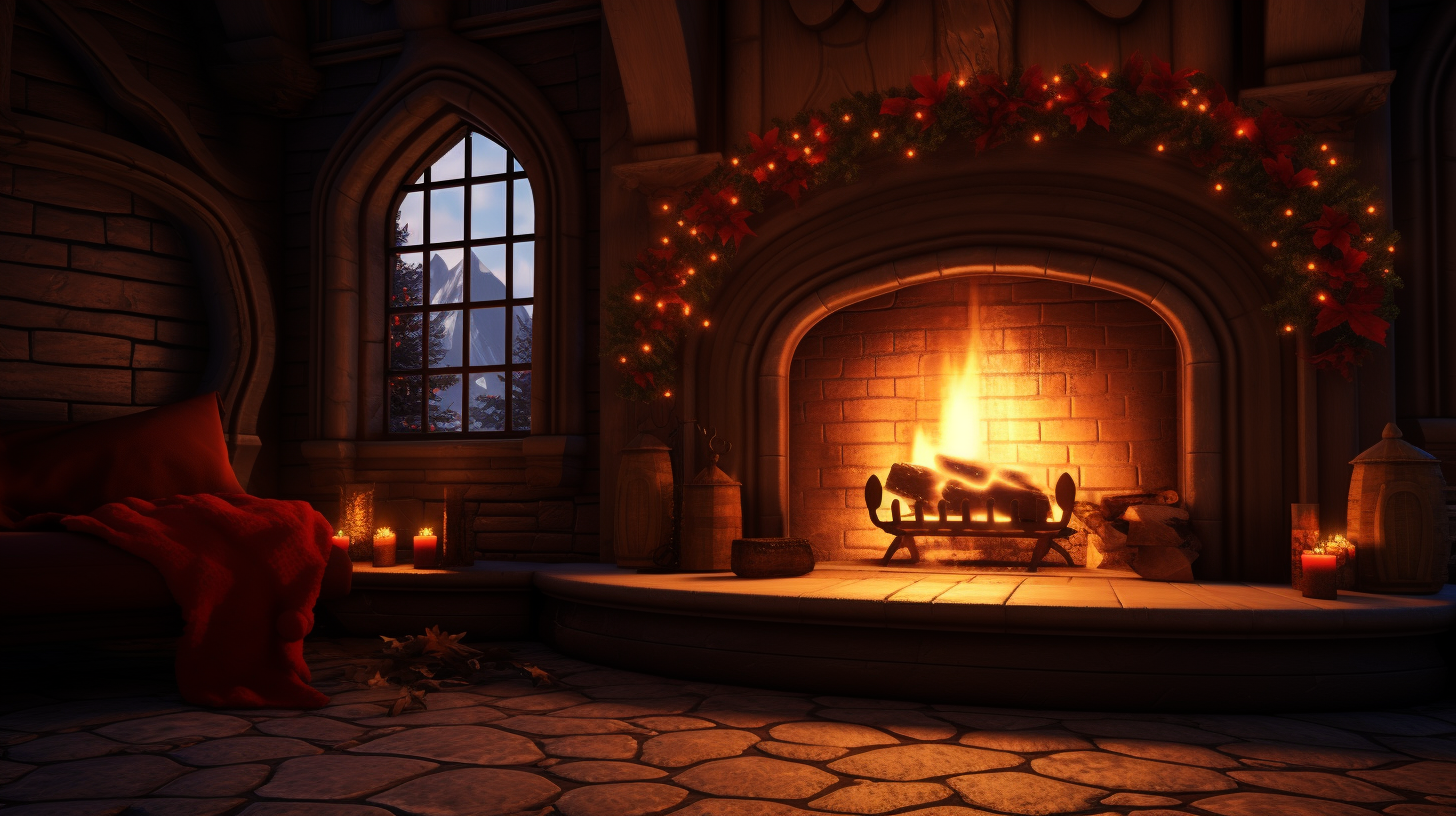 Warm winter fireplace glowing beautifully