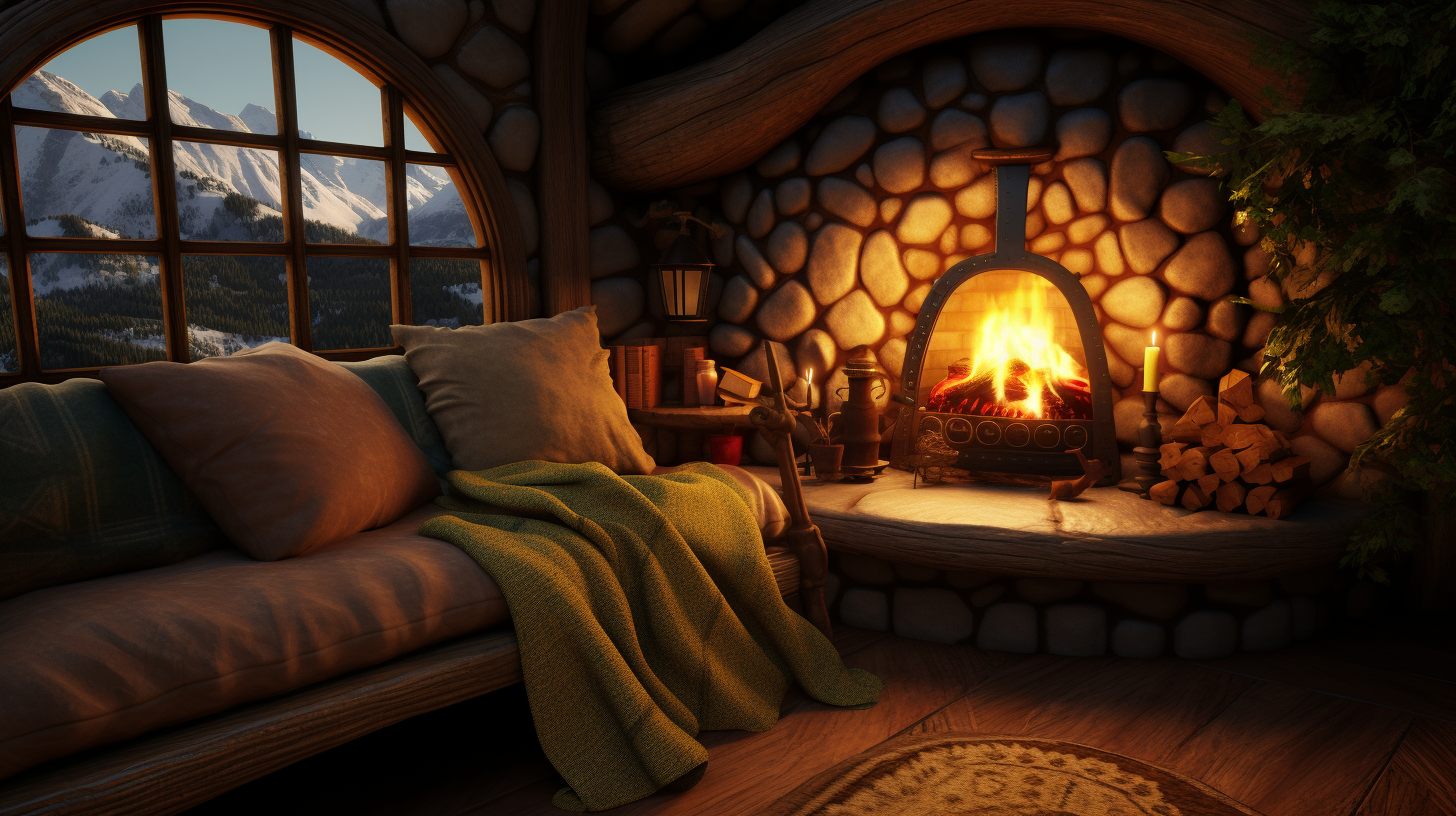 Hobbit cabin interior with fabric sofa and wooden stove