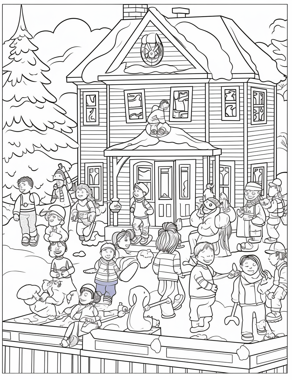 Children building snowmen in a cozy winter scene