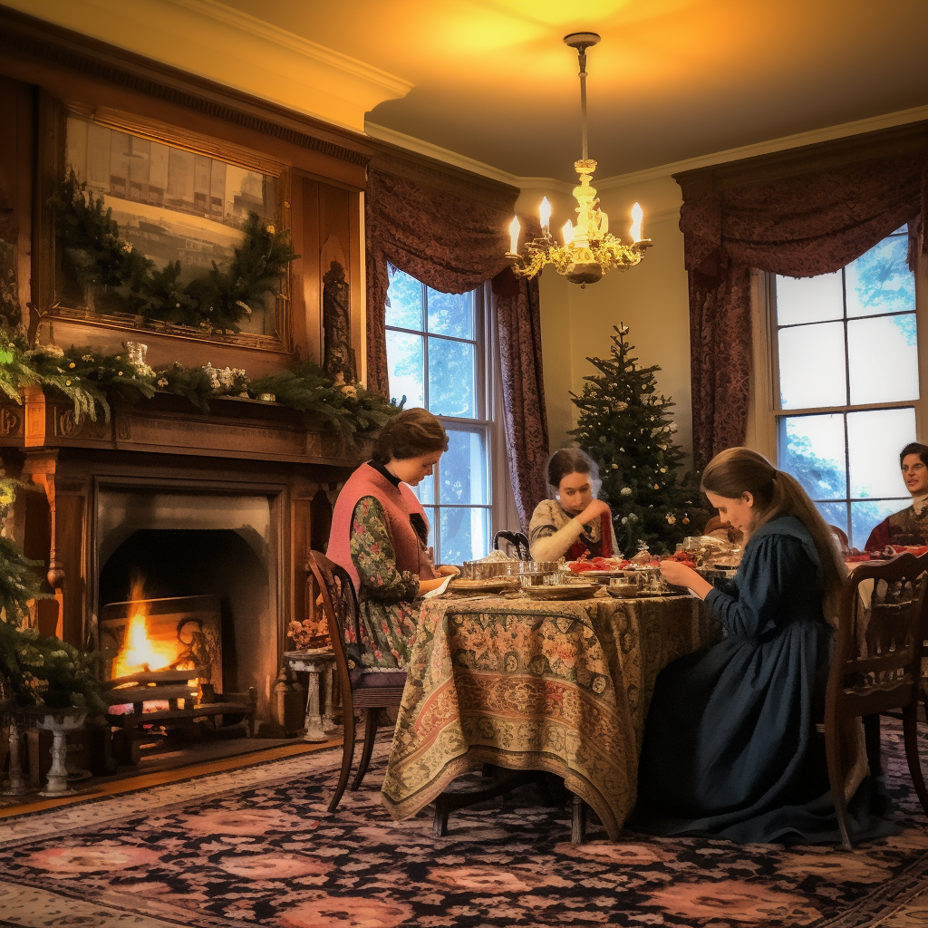 Sisters enjoying time together in cozy 1800s room