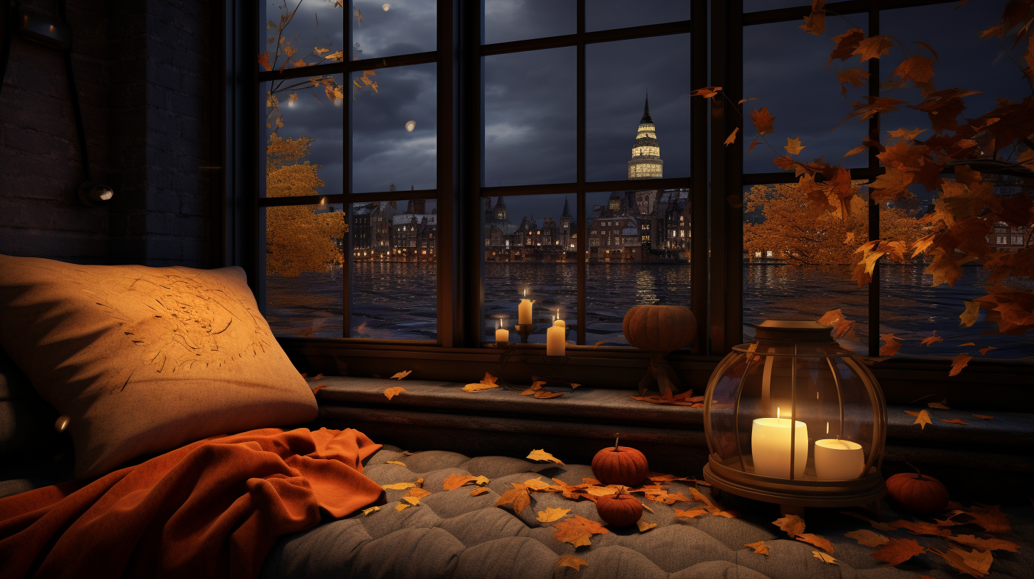 Cozy Hogwarts Reading Nook with autumn rain