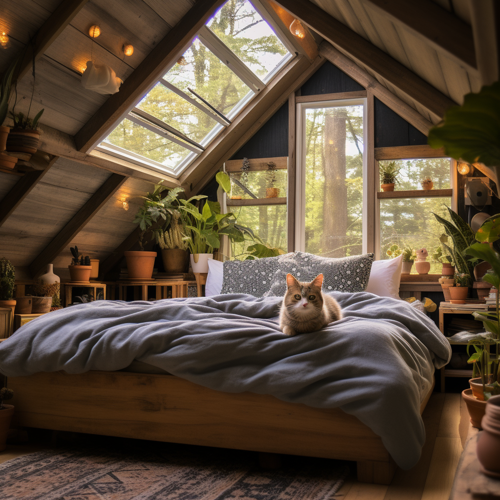 Cozy barn bedroom with natural light and plants