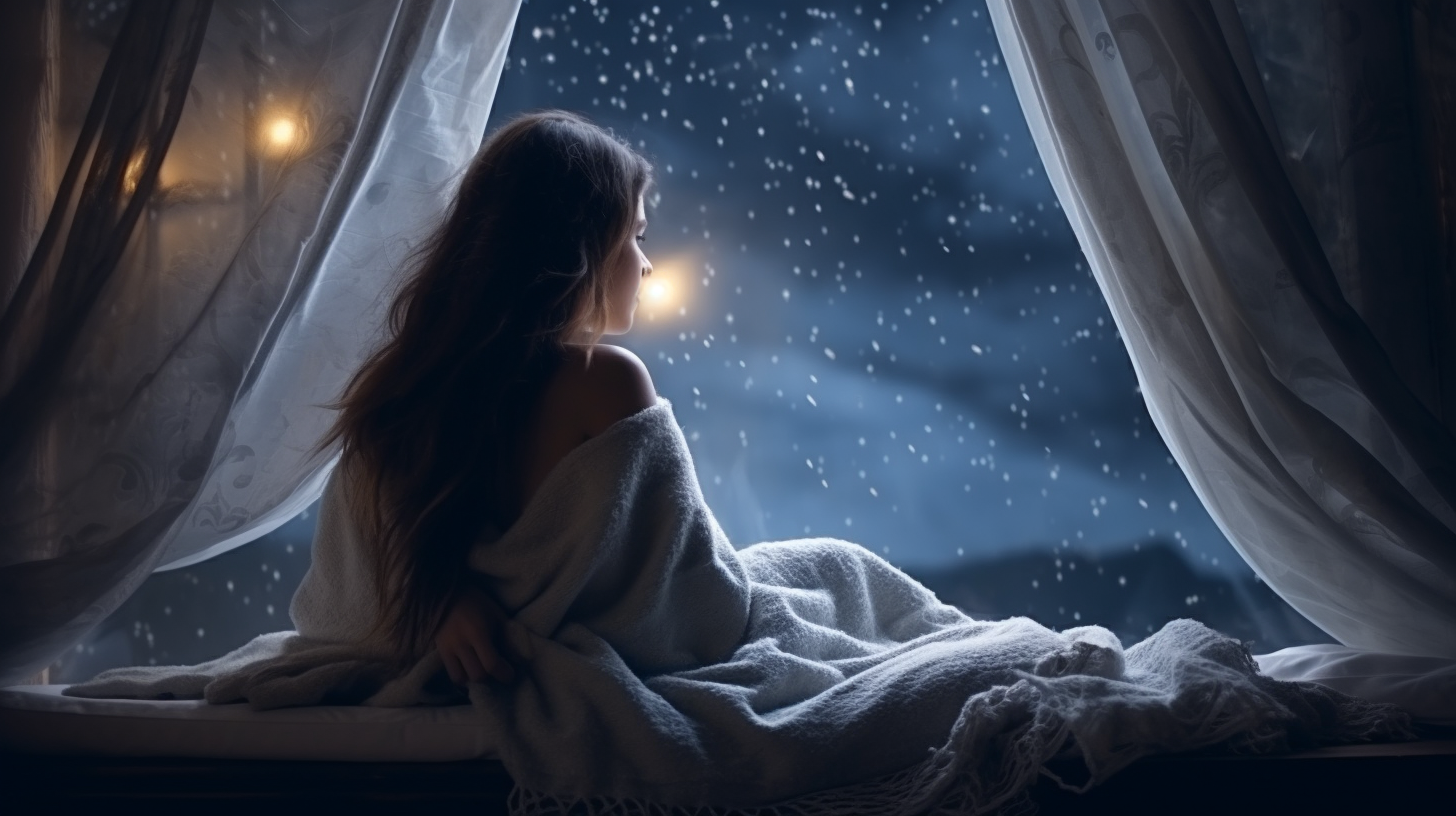 woman on bed with blanket on starry rainy night