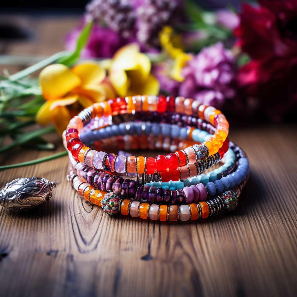 Colorful bracelets arranged on a table