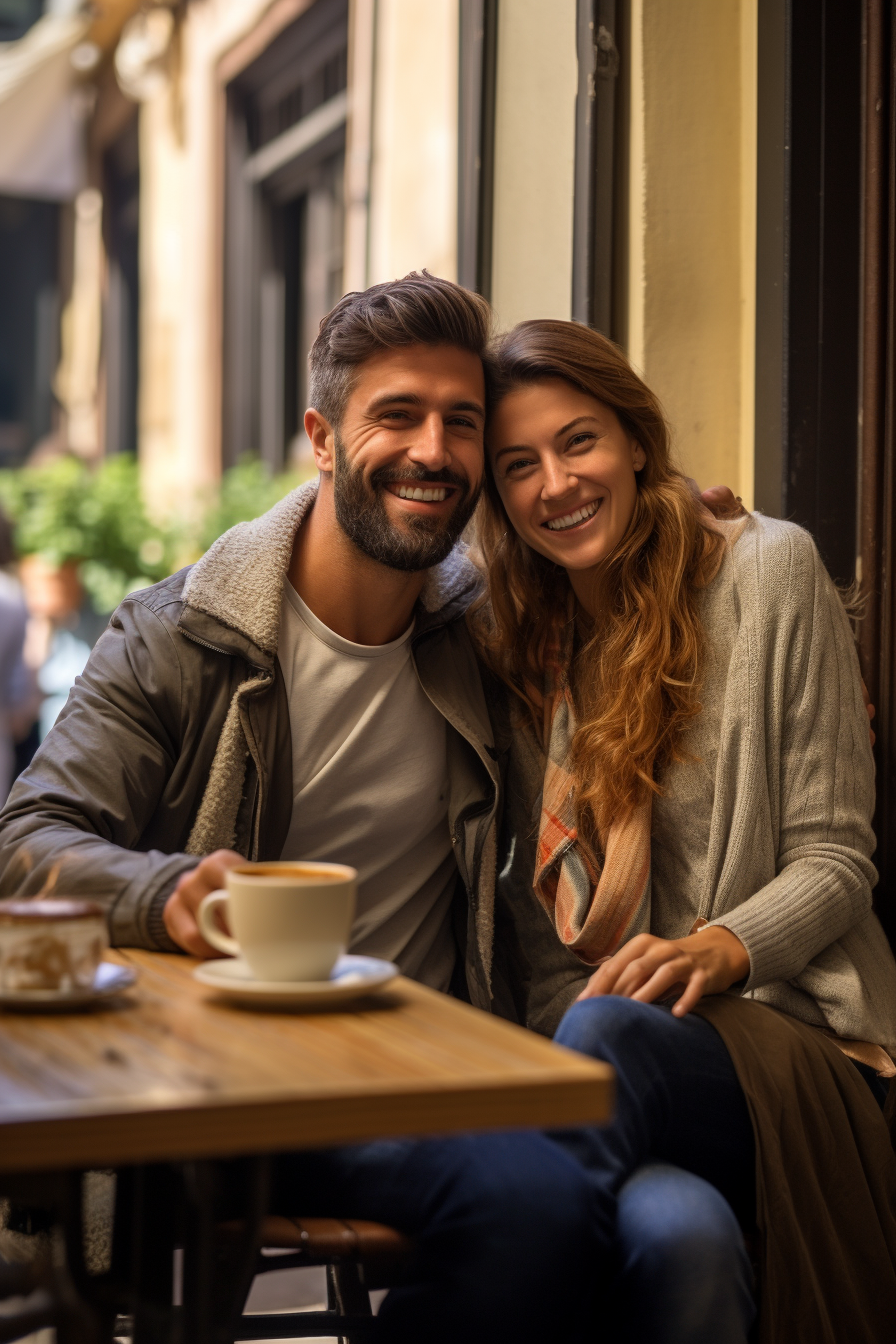 Smiling couple enjoying morning espresso in Rome
