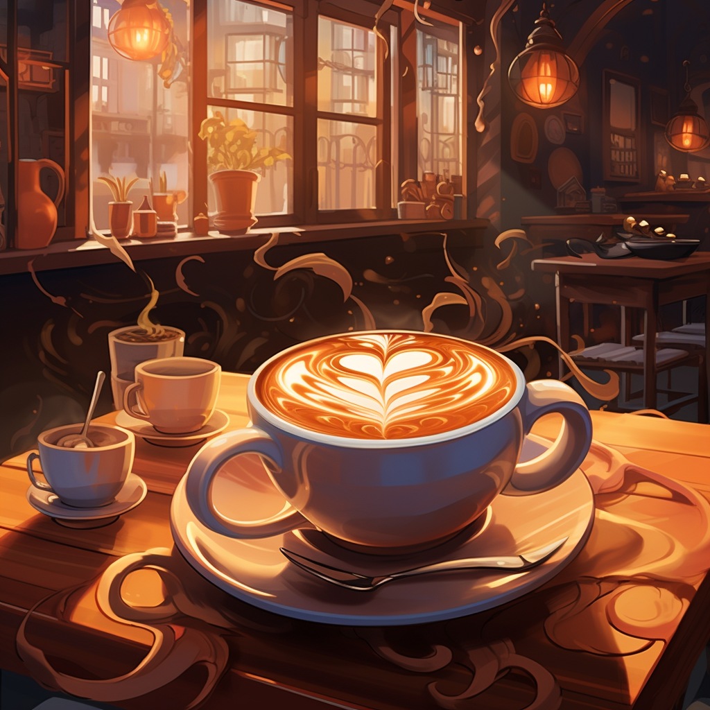 Cozy café scene with steaming cups and latte art