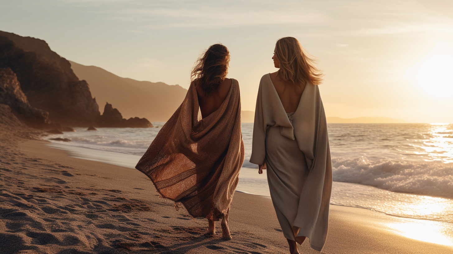 Women in cashmere loungewear walking on a beach at sunset