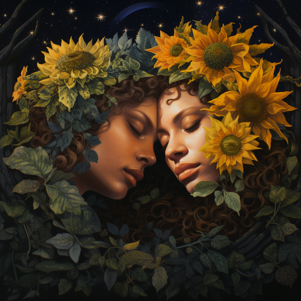 Two women sleeping peacefully with dreamy surroundings