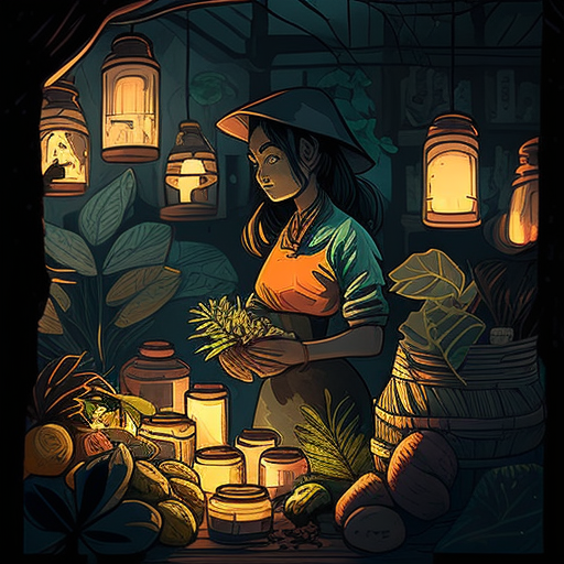 Woman Vendor with Fruits, Plants, Candels, and Lanterns