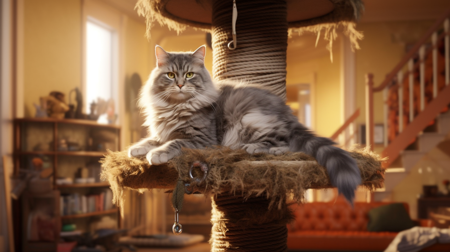 Fluffy grey tabby cat on multi-level tree