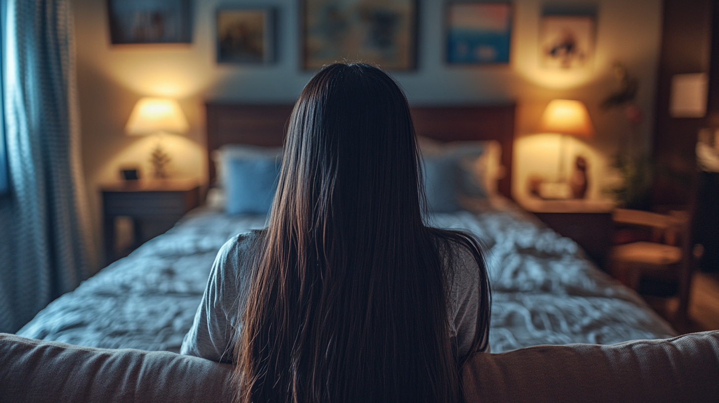 Hispanic woman in cozy bedroom