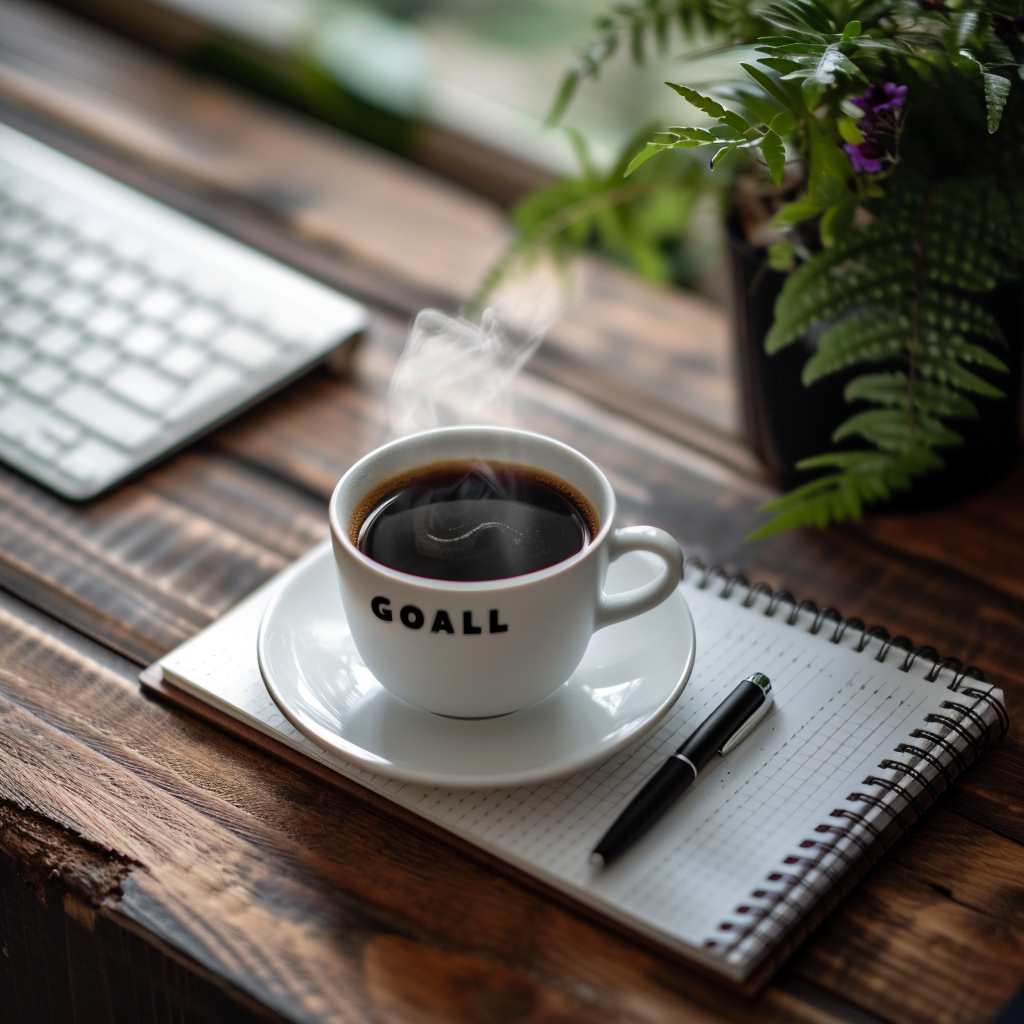 Cozy workspace with coffee, notepad, pen, keyboard, and plant