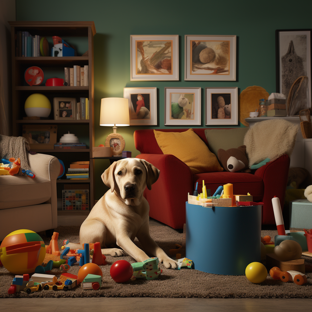 Labrador puppy Daisy playing with toys