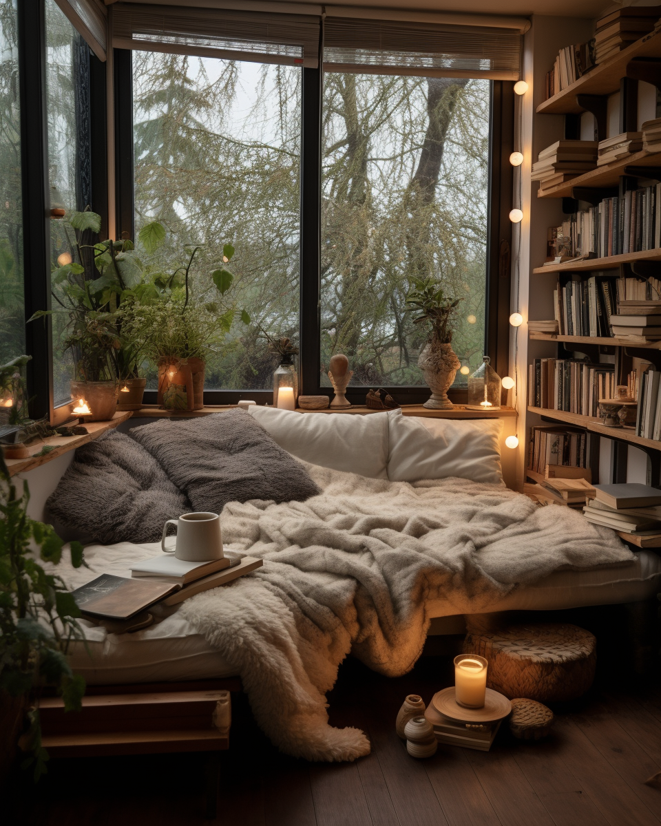 Cozy reading nook with fairy lights