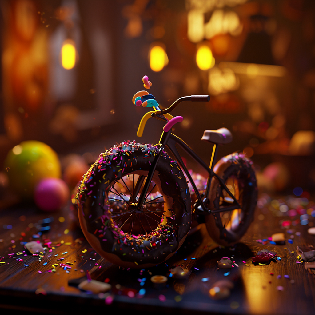 Cozy Scene with Bread Donut Bicycle Covered in Chocolate and Sprinklings