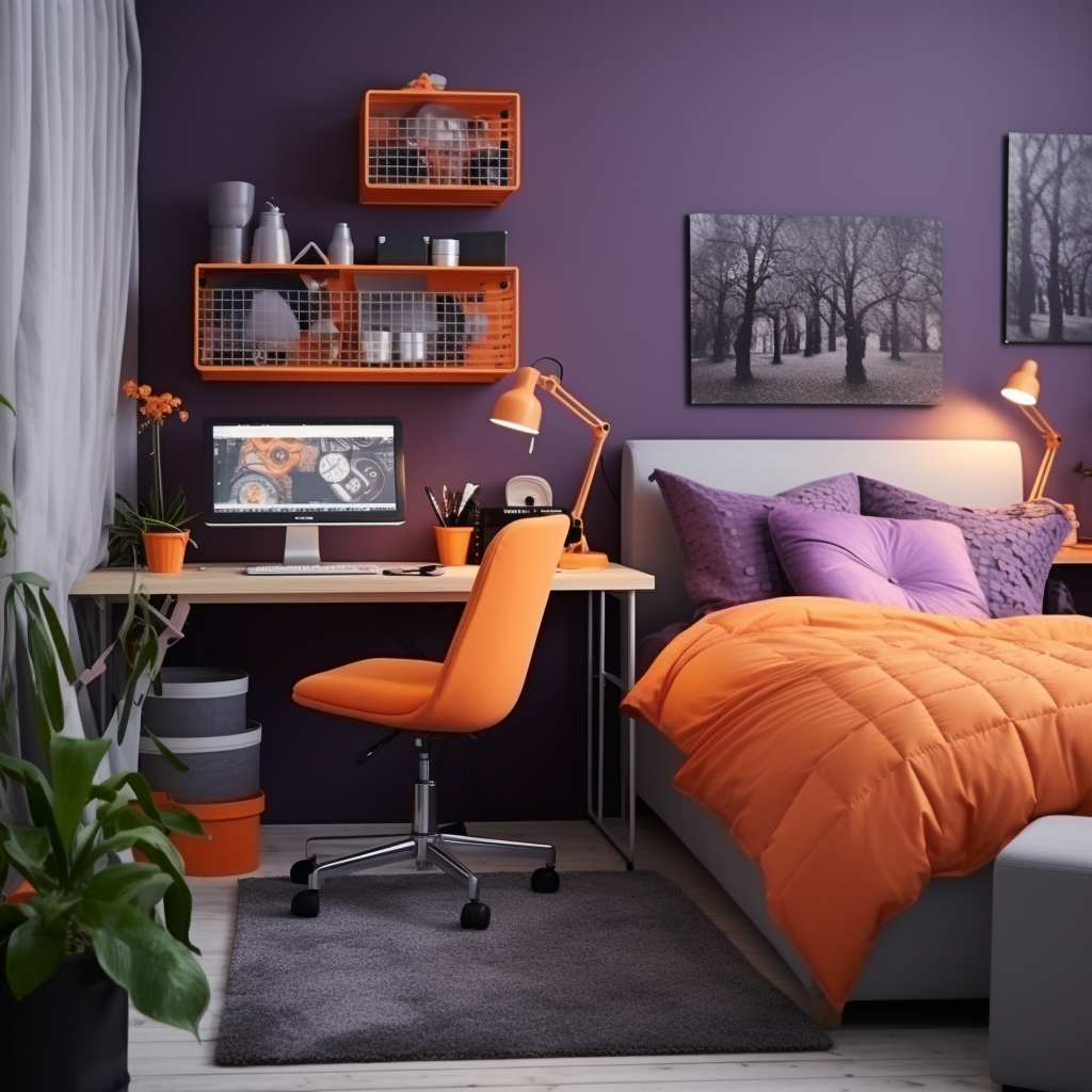 Cozy and stylish bedroom with purple and orange decor