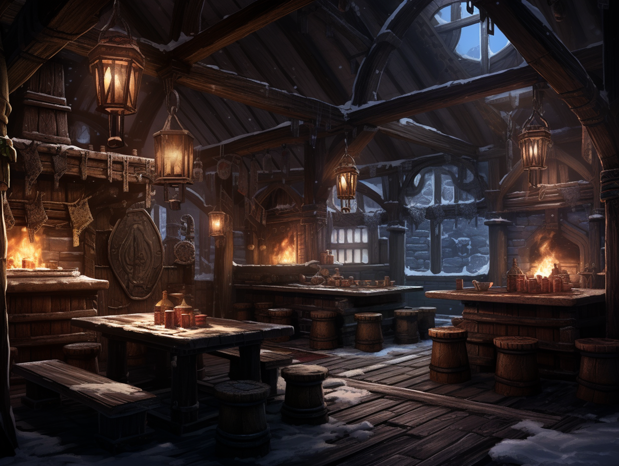 Digital art of cozy tavern in snowy weather