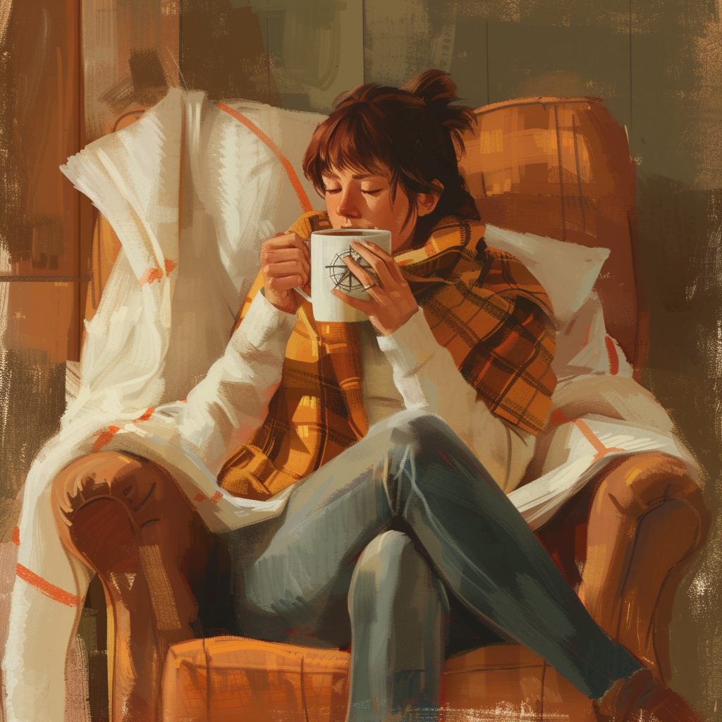 traveler with mug relaxing comfortably