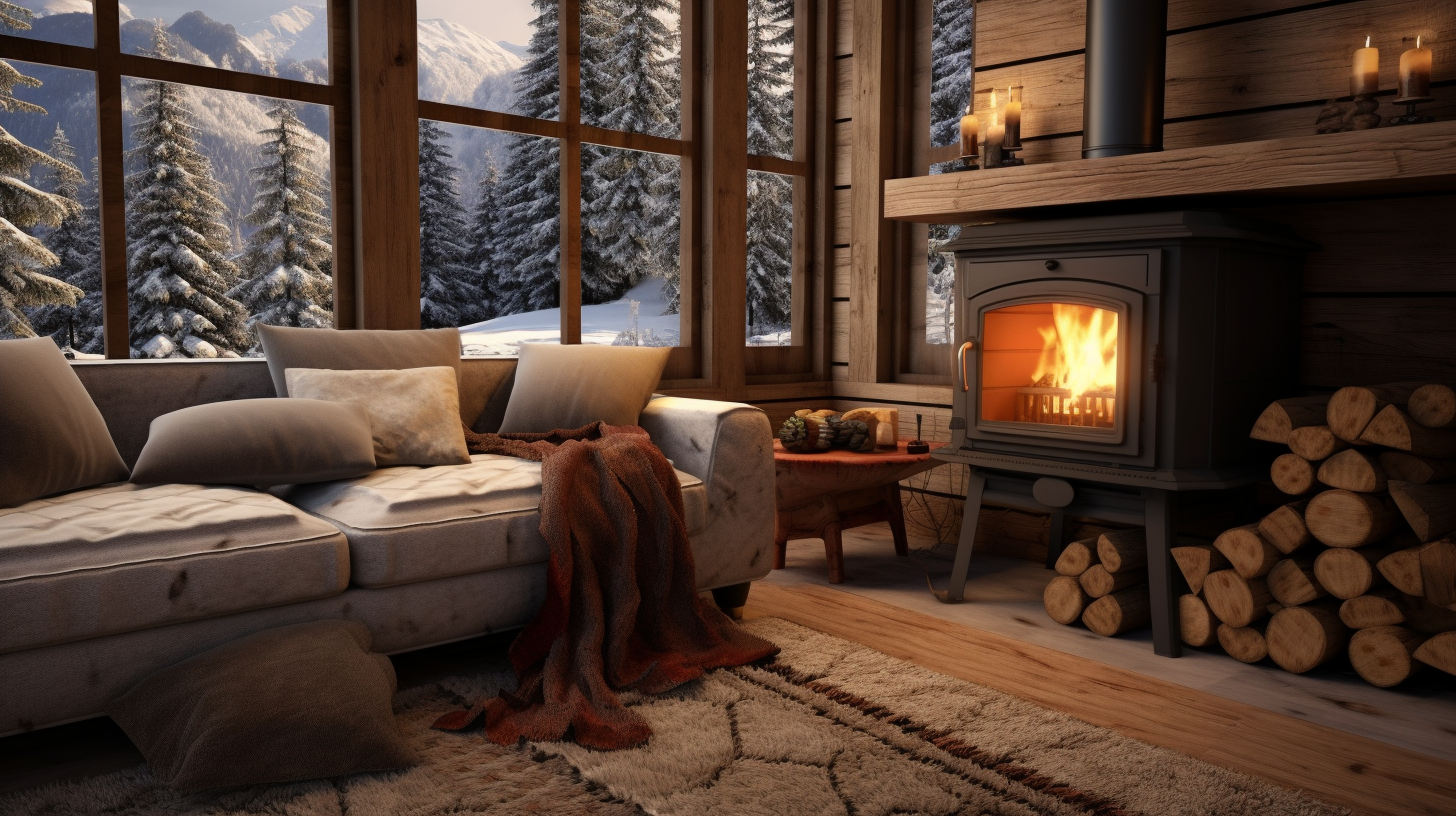 Wooden stove heating a cozy winter cabin