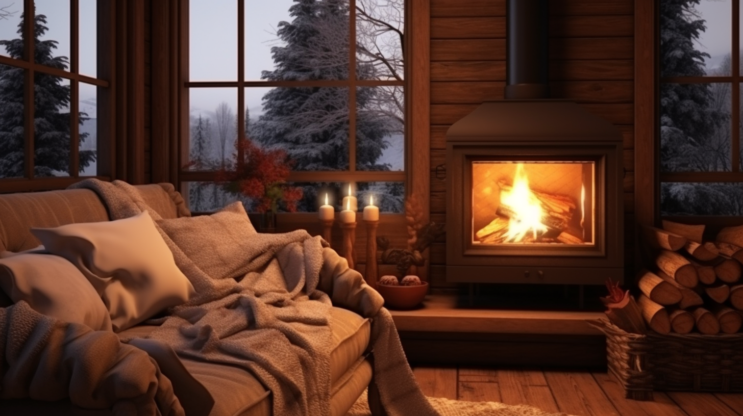 Cozy winter cabin interior with wooden stove and fabric sofa