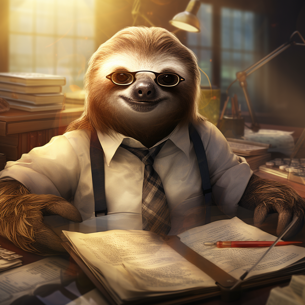 Sloth CPA doing taxes at desk