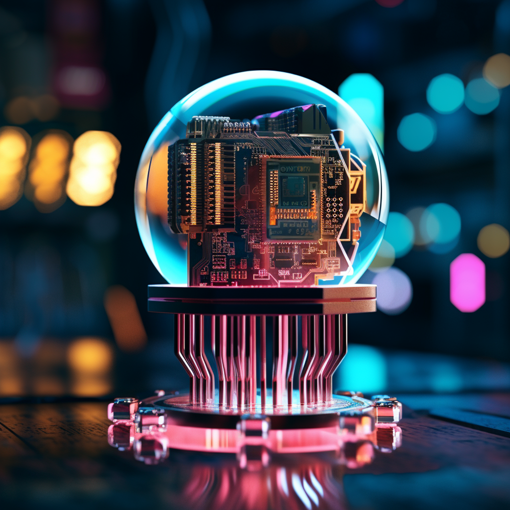 Colorful CPU chip lollipop on cyberpunk desk