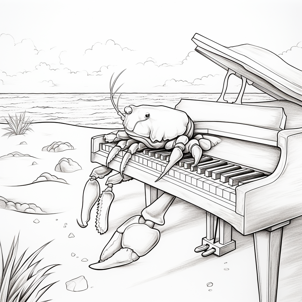 Cute crab playing piano on sandy island